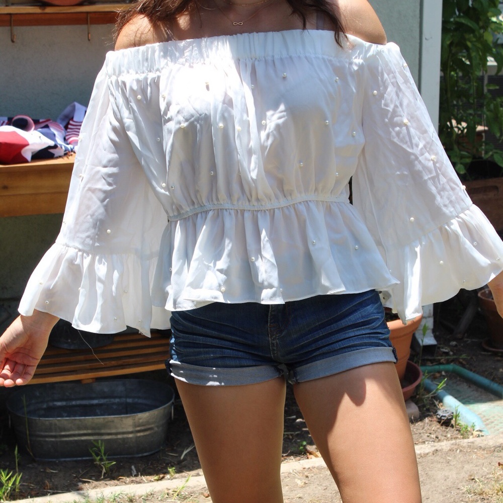 Off-Shoulder Beaded White Top